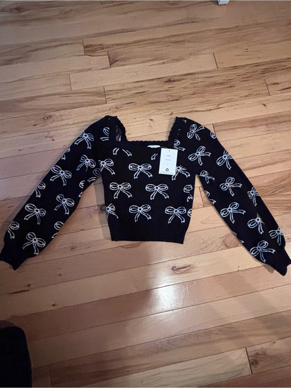 Off-the-Shoulder Black Bow-Print Knit Sweater